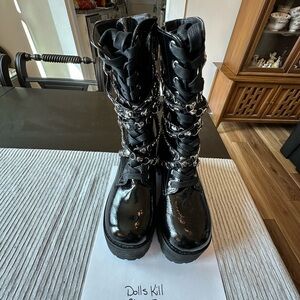 Dolls Kill Black Patent Platform Combat Boots with Chain Hardware